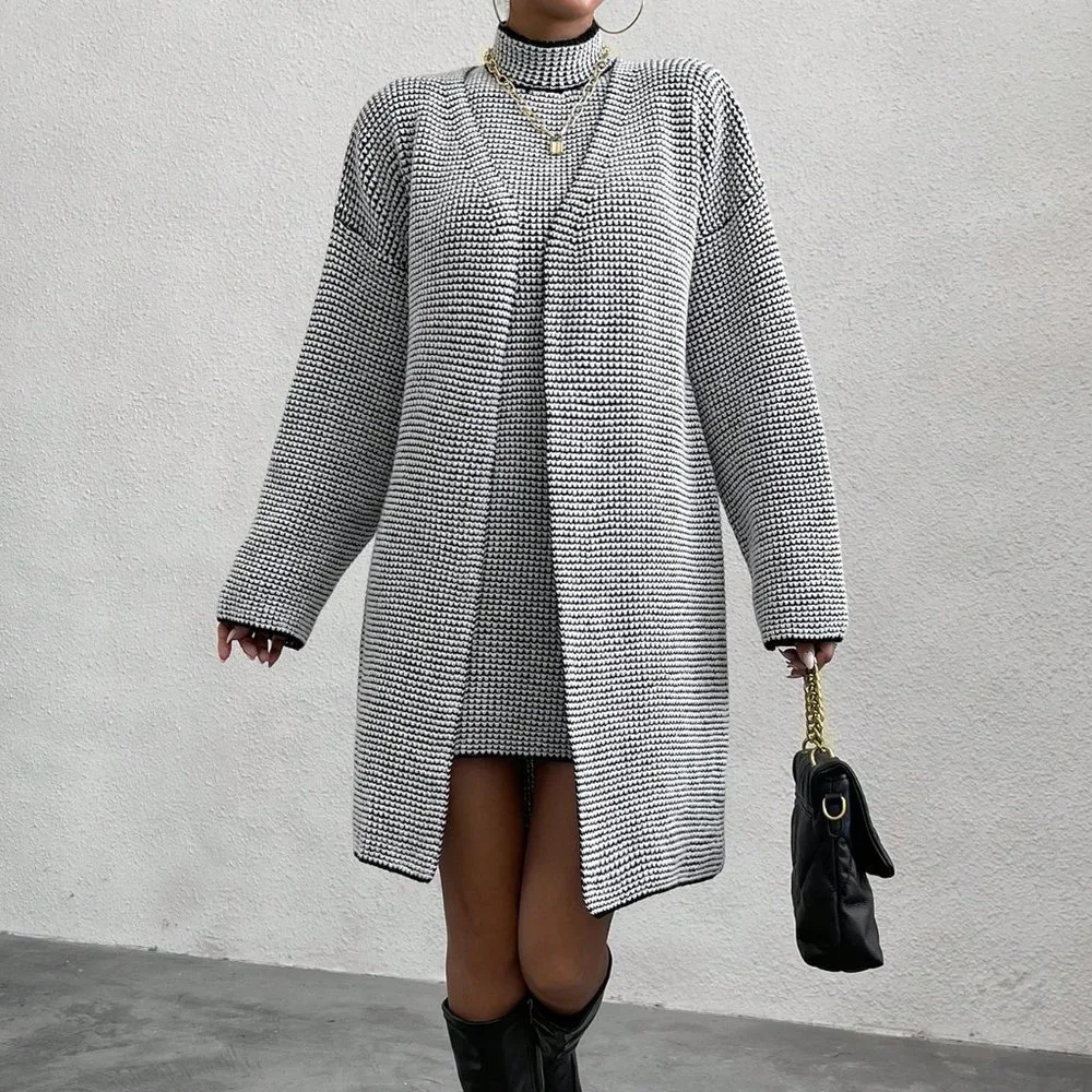 Black And White Casual Womens Turtleneck Drop Shoulder Cardigan & Sweater Dress - Picture 4 of 5